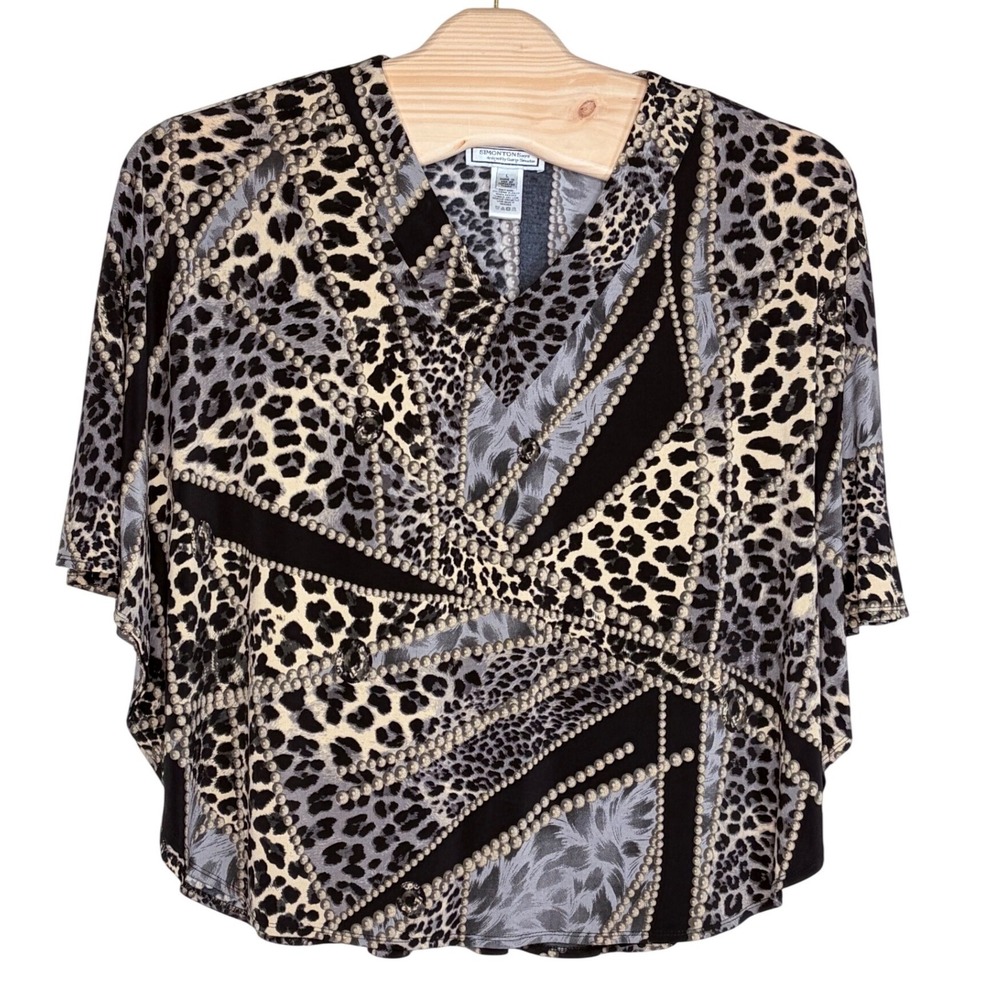 Simonton Says George Simonton Blouse Large Black Gray Leopard Chain Kimono Top‎